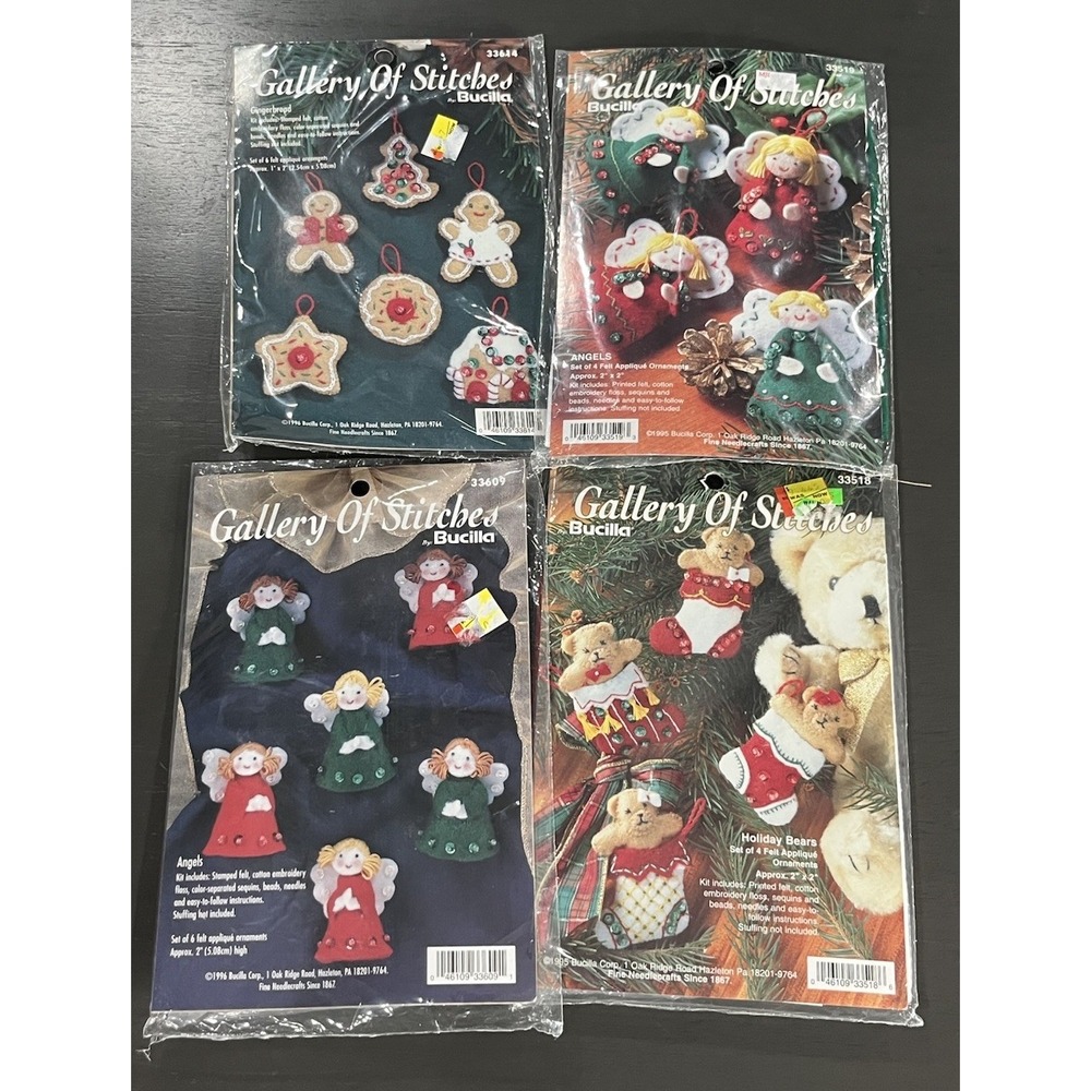 Lot Of 4 Bucilla Gallery Of Stitches Ornament Kit Angels Holiday Bears Gingerbre